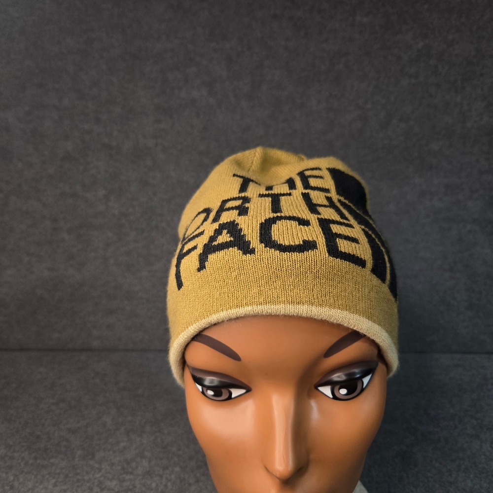 The North Face Reversible Banner Beanie Mens Gold Tan Black Knit Hat One Size